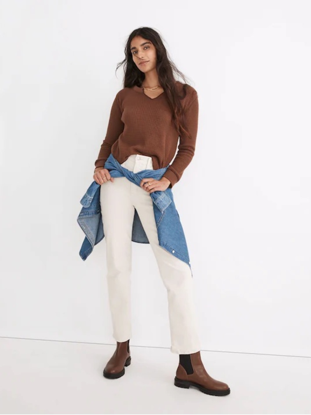 Madewell Brown Waffle Knit Split-Neck Cropped Long Sleeve Shirt XS